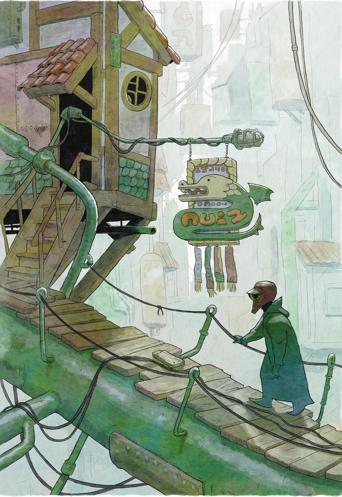 Original Hubworld artwork: a cloaked traveler crosses a suspended walkway through the city of Aidalon.